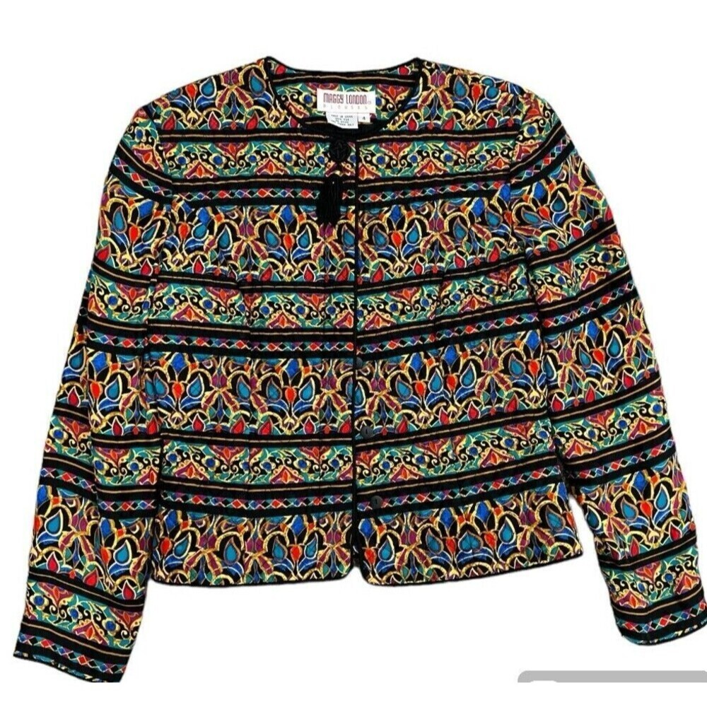 Vintage Maggy London Silk Printed Bomber Size 4 Jewel Tone Graphic Print Lined